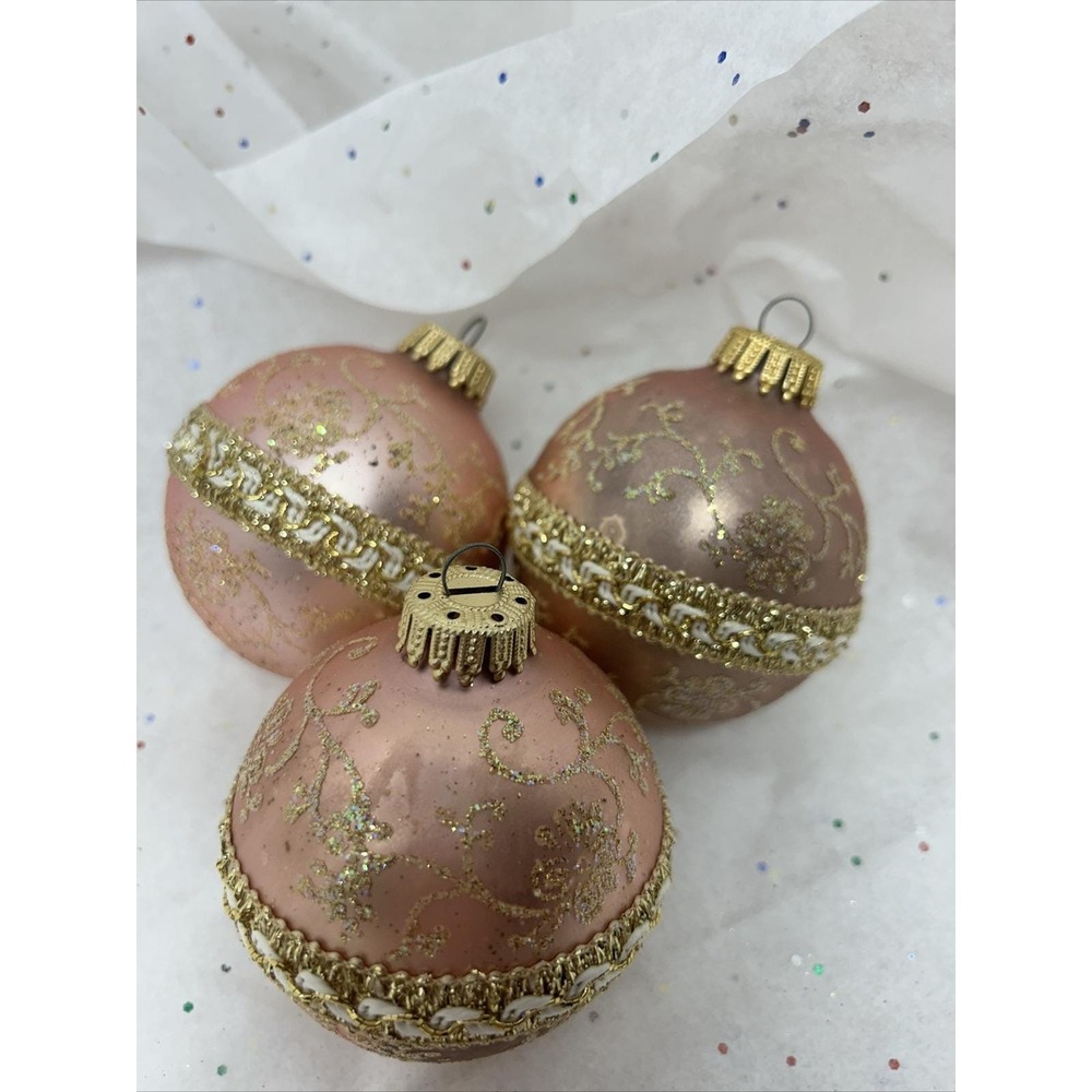 3 Vtg. W. Germany Krebs Christmas Ornaments Glass Balls Peach Pink‎ Gold